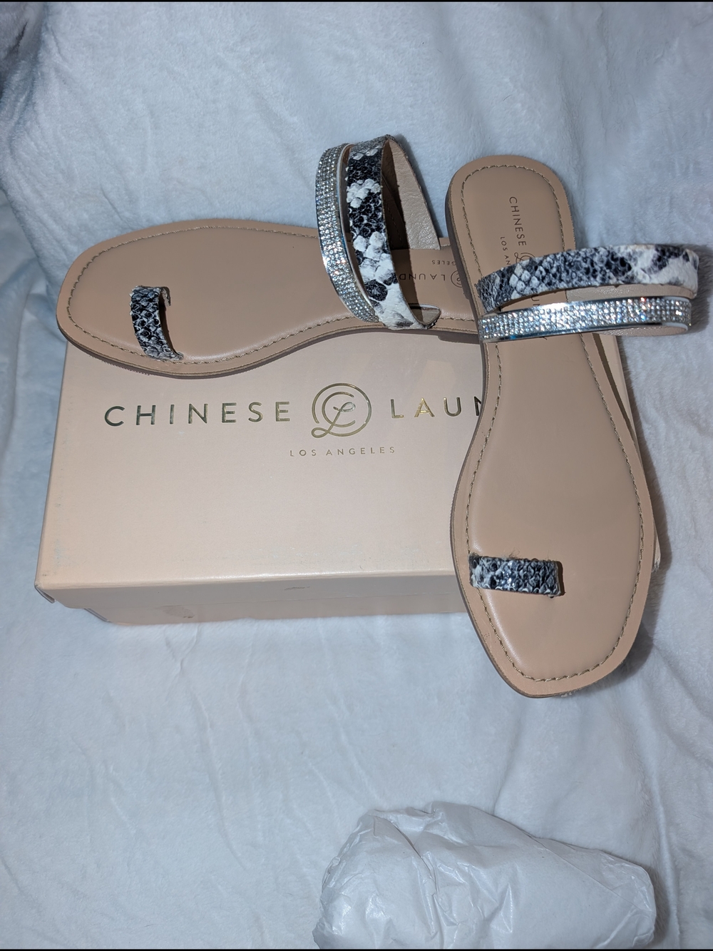 Chinese Laundry Women's Snake-Print Rhinestone Toe-Loop Sandals Beige/Black 9.5